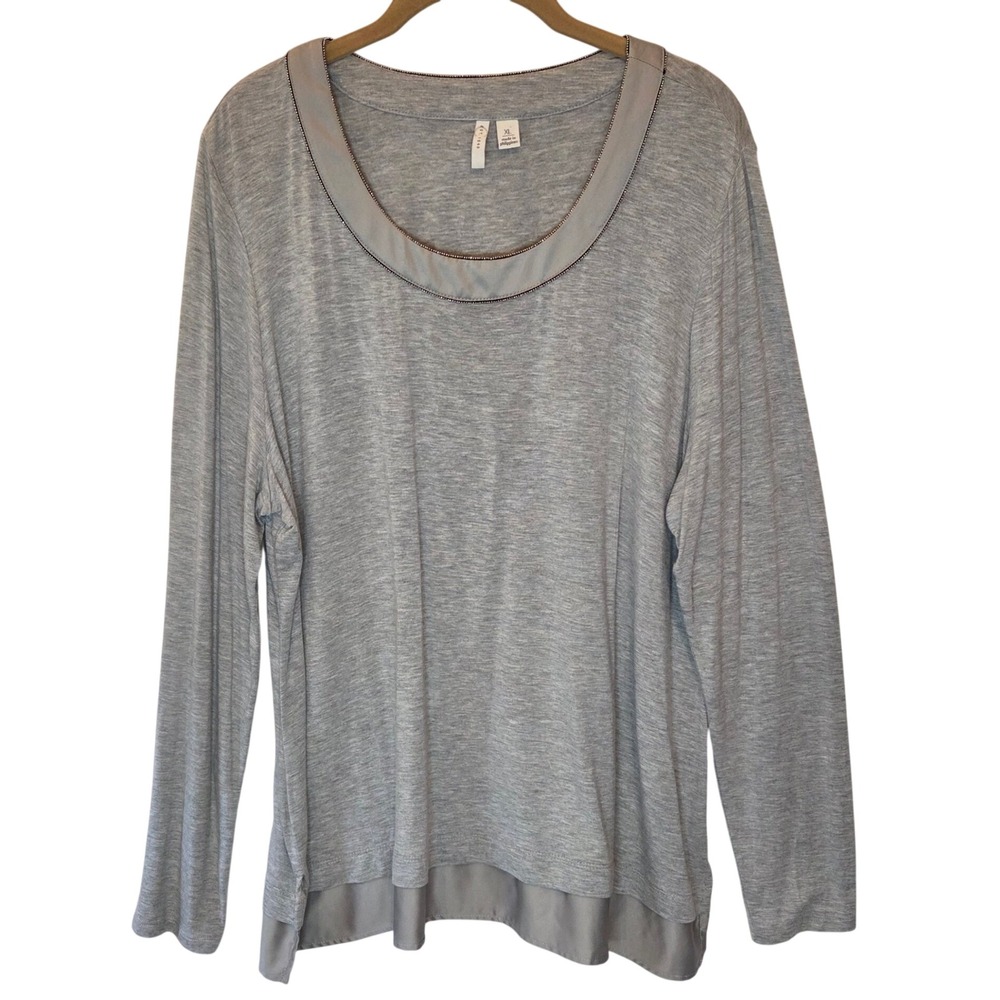 Est. 1946 Women XL Heather Grey Long Sleeve Top Satin Trim Bead Detail Layered